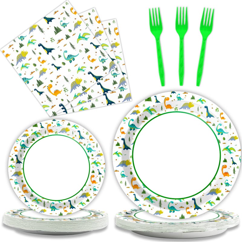 Wiooffen 96 Pcs Dinosaur Party Plates Napkins Watercolor Dinosaur Birthday Tableware Supplies Set Cartoon Dinosaur Disposable Dinnerware Decoration for Birthday Party Baby Shower, 24 Guests - Image 1